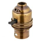 B22 Brass Lampholder 10mm Thread Pushbar Switched - Antique Brass